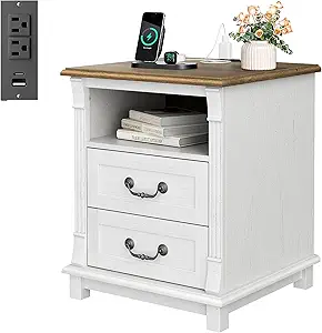 Amada Farmhouse Nightstand with Charging Station, 2 Drawers Wood Side Table Roman Column Style, Vintage Bedside Table for Bedroom with Open Shelf (Oak and White, 1Pack)