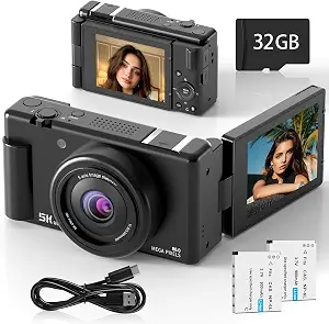 True 5K Digital Camera for Photography, 80MP Vlogging Camera for YouTube & Content Creators with 3" 270° Flip Screen, 18X Digital Zoom & Autofocus, Includes 2 Batteries, 32GB Card & Flash, Black