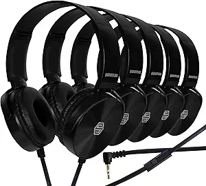 Premium Classroom Headphone & Mic Set 3.5mm Jack Stereo Sound Earphones with Microphone & Soft Swivel On Ear Pads- Perfect for E-Learning, Meetings, Calls - Bulk Pack of 5 (Black)