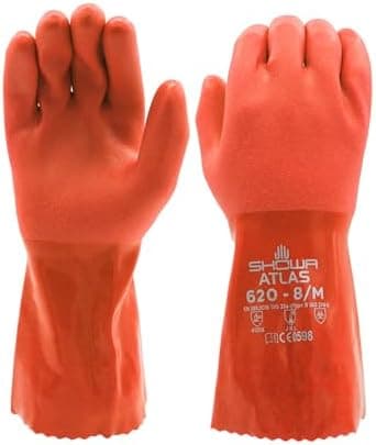 SHOWA Atlas 620 Double-Dipped PVC Chemical Resistant Gloves, Rough Finish Grip, Seamless Cotton Liner, 12" Length, Latex-Free, Orange, Small, 12-Pack