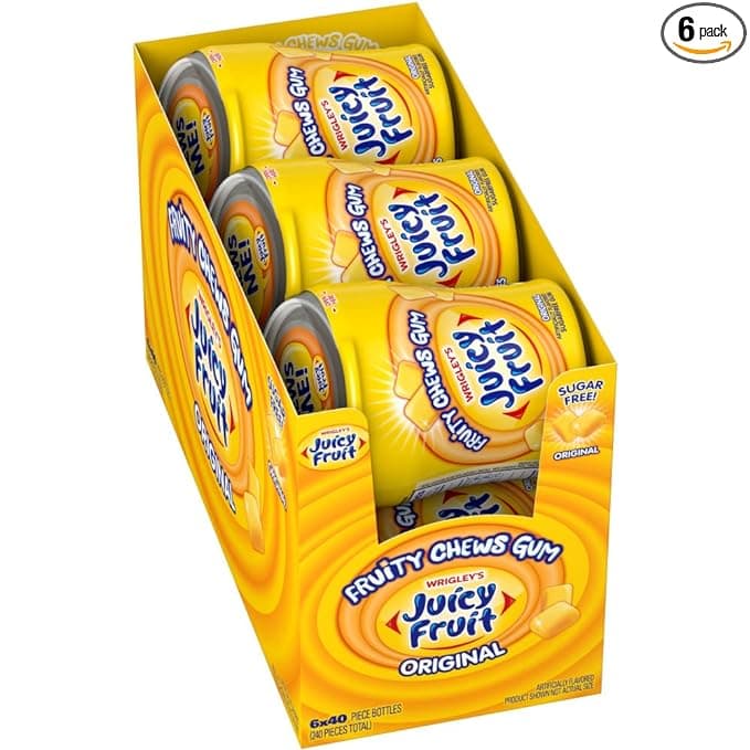 JUICY FRUIT Gum Sugar-Free Chewing Gum, JUICY FRUIT Chews, 40 Pieces Per Bottle, (Pack of 6)