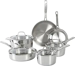 Sur La Table Kitchen Essentials Chef's Deck 10 Piece Stainless Steel Non Toxic Pots and Pans Kitchen Cookware Set w/Triply Encapsulated Base - Induction Safe