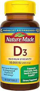 Nature Made Vitamin D3 10000 IU (250 mcg) Maximum Strength, Vitamin D Supplement for Bone and Immune Health Support, 60 Softgels, 60 Day Supply
