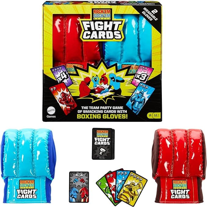 Mattel Games Rock ‘Em Sock ‘Em Robots Fight Cards Card Game, Team Party Game for Kids &amp; Adults with 2 Boxing Gloves
