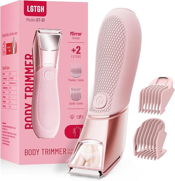 Bikini Trimmer for Women: Pubic Hair Razor with Mirror &amp; LED Light, Electric Shaver with Travel Lock &amp; Ceramic Blades - Body Groomer IPX7 Waterproof Use for Legs/Arm/Underarm - Baby Pink
