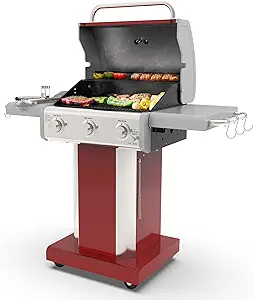Kenmore 3-Burner Outdoor BBQ Grill | Liquid Propane Barbecue Gas Grill with Folding Sides, PG-A4030400LD-RD, Pedestal Grill with Wheels, 30000 BTU, Red