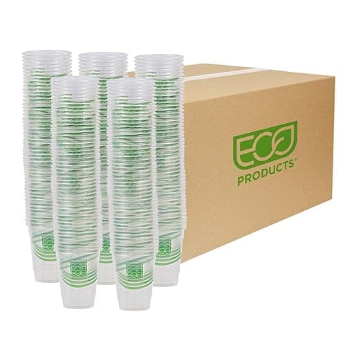 ECO PRODUCTS GreenStripe Clear Compostable 9oz PLA Plastic Cups, Case of 1000, Disposable Renewable Plant-Based Cold Cups, For Cold Drinks &amp; Snacks, BPI Certified, ASTM Compliant.