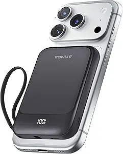 Magnetic Power Bank 10000mAh, Wireless Portable Charger with 15W Max Fast Charging & Built-in USB-C Cable, 22.5W PD LED Display Battery Pack Compatible with iPhone 17/16/15, Samsung Galaxy