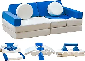 13PCS Modular Kids Play Couch, Kids Couch with Washable Velvet Cover, 5 Seconds Instant Expansion,Convertible Foam and Floor Cushion for Nursery Playroom, Blue & Beige