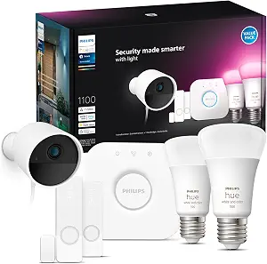 Philips Hue Secure Starter Kit with Bridge, Wired Security Camera, (2) Secure Contact Sensor, (2) 75W A19 Bulb, White & Color Ambiance, Works with Security Center in Hue App
