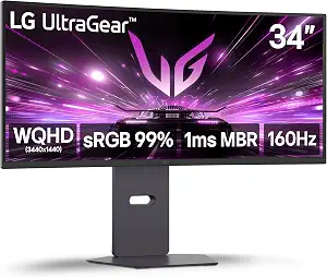 LG 34G600A-B 34-inch Ultragear WQHD (3440 x 1440) Curved Gaming Monitor 160Hz, AMD FreeSync Premium, HDR10, Built-in Speaker, Reader Mode, HDMI 2.1, DisplayPort, Tilt/Height/Swivel Stand, Black