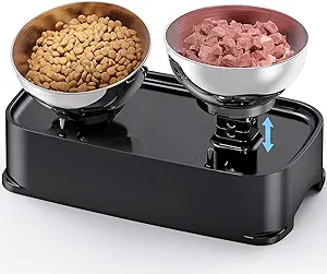Elevated Cat Bowls, 15° Tilted in Both Way & 4 Height Adjustable Raised Cat Food Bowl, Cats Dish for Food and Water with 2 Stainless Steel Bowls, Anti Vomiting for Cats Puppy, Non-Slip No Spill