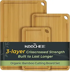 Wood Cutting Board for Kitchen - Reversible Bamboo Cutting Boards Gift Set of 3 with Juice Groove, Wooden Chopping Board for Meat, Fruit, Vegetables & Cheese (Pre Oiled, Natural)