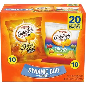 Goldfish Dynamic Duo Variety Pack, Colors Cheddar & Flavor Blasted Xtra Cheddar, Snack Packs, 20 Ct