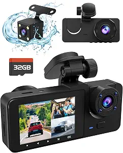3 Channel Dash Camera for Cars, 4K+1080P Full HD Dashboard Camera, Dash Cam Front and Rear Inside with 32GB SD Card,2.0 inch IPS Screen, IR Night Vision,G-Sensor,Loop Recording,24H Parking Monitor