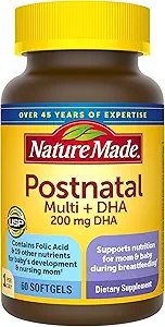 Nature Made Postnatal Multivitamin + DHA 200 mg, Postnatal Vitamins for Women, Includes Iron, Vitamin D3, Calcium, Iodine & More for Breastfeeding Moms, 60 Softgels