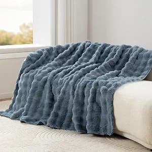 Berkshire Faux Fur & Velisse Reversible Blanket - Ultra Soft Plush Blanket for Couch and Bed, Luxury Fluffy Sofa Decor, 90" x 90", Polar Blue