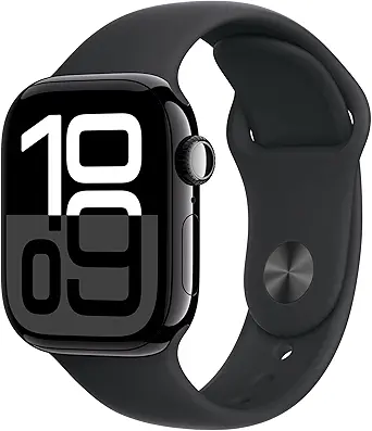 Apple Watch Series 10 [GPS 42mm case] Smartwatch with Jet Black Aluminum Case with Black Sport Band - S/M. Fitness Tracker, ECG App, Always-On Retina Display, Water Resistant