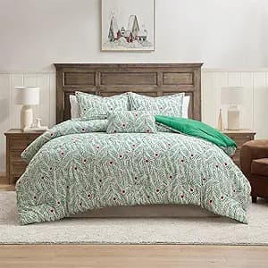 Hallmark - Full/Queen Comforter, 4-Piece Holiday Comforter Set with Shams and Decorative Pillow (Green Branches, Full/Queen)