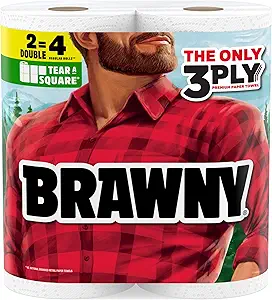 Brawny Tear-A-Square 3-Ply Paper Towels, 2 Double Rolls = 4 Regular Rolls, Strong, Absorbent, and Durable with 3 Sheet Sizes (Quarter, Half, Full)