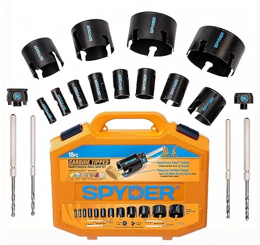 Spyder 18-Piece Tungsten Carbide Tipped Hole Saw Kit, 12 Hole Saws, 2 Arbors, 4 Pilot Bits, Rapid Core Eject