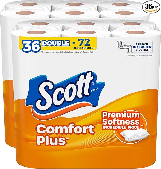 Scott ComfortPlus Toilet Paper, 36 Double Rolls, 231 Sheets per Roll, Septic-Safe, 1-Ply Toilet Tissue