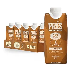 PRES Protein Coffee, Caramel, High Protein, Real Cold Brew, 20g Protein, 1g Sugar, 100 Calories, Protein Snacks, No Added Sugar, Coffee, Breakfast, Protein, Kosher, Soy Free, Nut Free, Non-GMO, Low Carb (12 Pack)