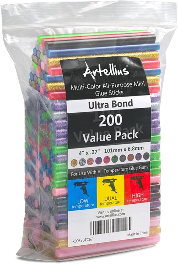 200 Pack Color Hot Glue Sticks. Variety Colored Glue Gun Stick. Hot Melt Adhesive Mini Glues Sticks for DIY Art Craft Repair Bonding Bulk Gold Black Yellow Pink Red Purple