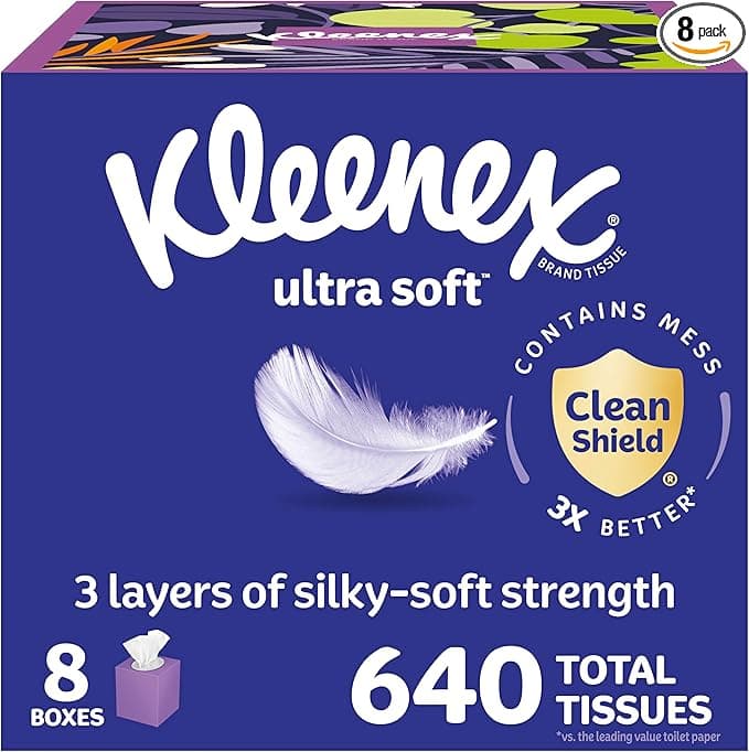 Kleenex Ultra Soft Facial Tissues, 8 Cube Boxes, 80 Tissues per Box, 3-Ply, Packaging May Vary