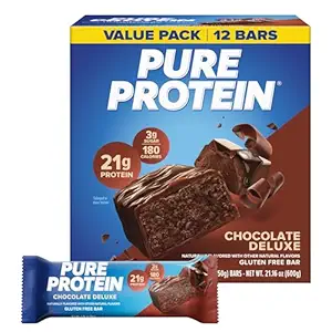 Pure Protein Chocolate Deluxe Protein Bars – 21g Protein, 3g Sugar, 190 Calories (12 count) Low Sugar* High Protein Snack - Gluten Free - Perfect for a Healthy Snack