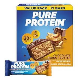 Pure Protein Chocolate Peanut Butter Protein Bars – 20g Protein, 3g Sugar, 190 Calories (12 count) Low Sugar* High Protein Snack - Gluten Free - Perfect for a Healthy Snack