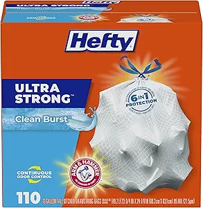 Hefty Ultra Strong 13 Gallon Trash Bags, Tall Kitchen Trash Bags 13 Gallon Size, Drawstring Closure, Continuous Odor Control, White, Clean Burst Scent, 110 Bags