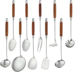 Izurok 18/10 Stainless Steel Kitchen Utensils Set,10 Piece Cooking Utensils With Wood Handle,Heat Resistant Kitchen Tool Set With Spatula,Spoon,Ladle,Skimmer,Slotted Turners,Pasta,Turner,Ladl,Fork