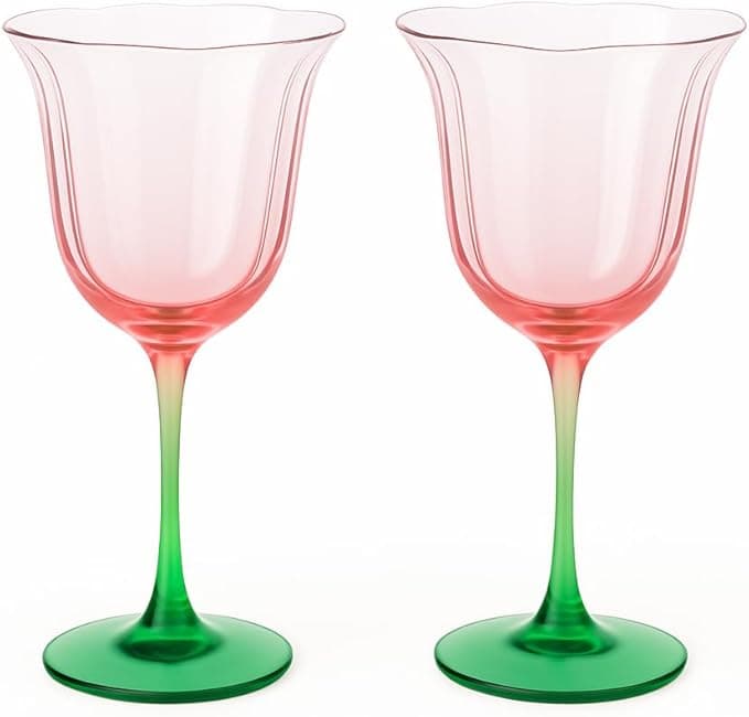 Khen Blossom Pink Tulip Wine Glasses Set of 2, Hand Blown Colored Crystal Cocktail Glasses Featuring Blush Pink &amp; Green Flower Inspired Design Elegant Drinkware for Entertaining Spring Decor &amp; Gifting
