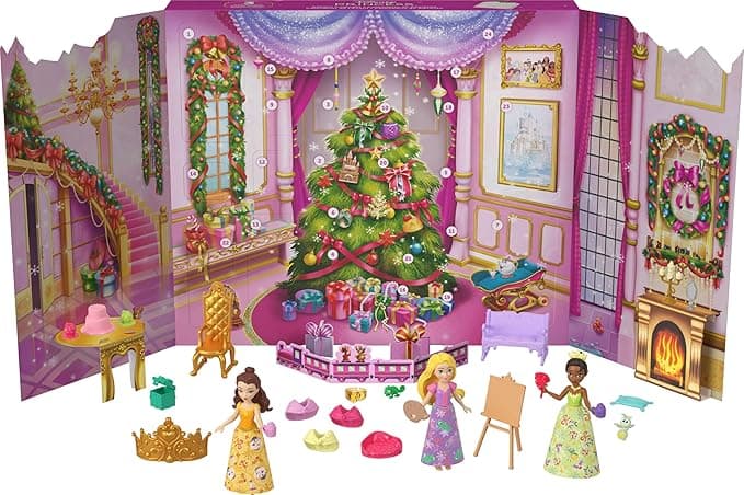 Mattel Disney Princess Doll Advent Calendar with 24 Days of Surprises, Including 3 Small Dolls, 3 Friends, 6 Fashions &amp; 16 Accy Inspired by Movies (Amazon Exclusive)