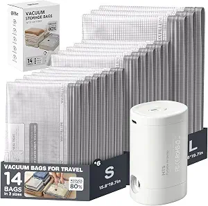 Vacuum Seal Bags for Clothing Travel with Rechargeable Electric Pump, Space Saver Vacuum Storage Bags Travel, Reusable Compression Bags for Luggage Home (14pcs Checkered)