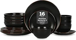 Stone Lain Brasa Stoneware 16 Piece Modern Dinnerware Set, Plates and Bowls, Service for 4, Black, Microwave & Dishwasher Safe