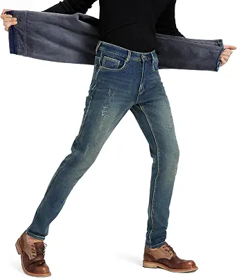 Men’s Fleece Lined Jeans Athletic Taper Stretch Thermal Pants Ripped Patched Winter Street Style