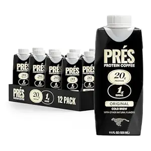 PRES Protein Coffee, Original, High Protein, Real Cold Brew, 20g Protein, 1g Sugar, 100 Calories, Protein Snacks, No Added Sugar, Coffee, Breakfast, Protein, Kosher, Soy Free, Nut Free, Non-GMO, Low Carb (12 Pack)