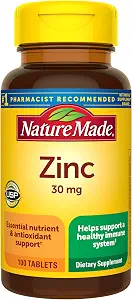 Nature Made Zinc 30 mg for Immune Health Support, 100 Tablets | Zinc Supplements for Men and Women, Dietary Supplement for Antioxidant Support, Gluten Free, 100 Day Supply