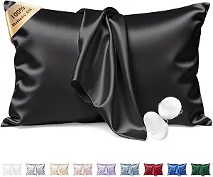 Silk Pillow Cases Standard Size 100% Mulberry Silk Pillowcase for Hair & Skin 22 Momme Both Sided Grade 6A Silk Cooling Soft Breathable 20 x 26 Inches with Hidden Zipper 1PC, Black