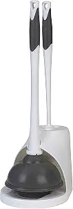 Clorox Toilet Plunger and Brush Bowl Set with Holder Caddy Storage for Cleaning Bathroom and Unclogging Toilets, White and Gray