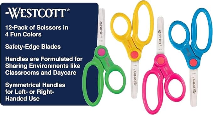 Westcott 14871 Right- and Left-Handed Scissors, Kids' Scissors, Back to School, Classroom Supplies, Ages 4-8, 5-Inch Blunt Tip, Assorted, 12 Pack
