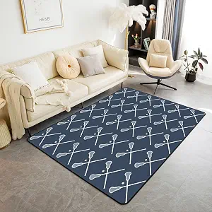 Lacrosse Indoor Floor Mat,Locrosse Sticks Fashion Sports Game Decorative Carpet for Bedroom Bedside, American Sporting Geometric Graffiti Navy White Playroom Rugs Home Decor 5x6'6''
