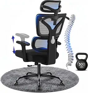 Ergonomic Office Chair, High Back Mesh Computer Chair with Comfortable Adaptive Lumbar Support, Built-in Coat Hanger, SGS Class 4 Gas Lift, Heavy Duty 300lbs for Long Hours Home Office, Black