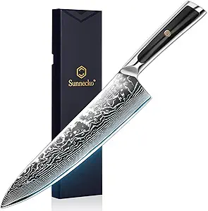 Sunnecko 8 Inch Japanese Damascus Chef Knife - Ultra Sharp 10-12 Degree Edge VG10 67 Layers Kitchen Cooking Knives for Meat, Vegetable & Fruit, Full Tang Forged Blade, Premium Father Day Gift Box