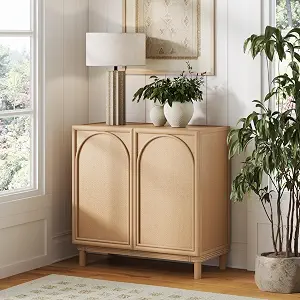 Nathan James Katouche Solid Wood Storage Cabinet with Arched Doors, Rattan Inlays, and Adjustable Interior Shelf, Raw Oak