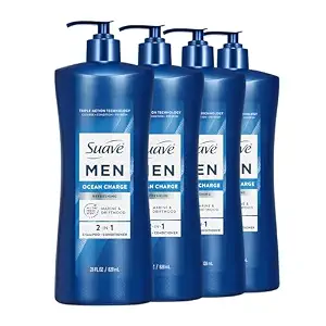 Suave Men Ocean Charge 2 in 1 Refreshing Shampoo & Conditioner with Pro Vitamin B5, Hydrates & Revitalizes Hair, Ocean Fresh Scent, 4 Count, 28 FL OZ Pump