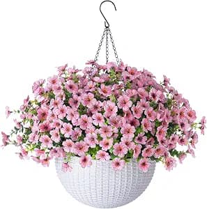 HyeFlora Artificial Fake Hanging Plants Flowers Basket for Outdoor Outside Summer Decor, Faux Silk Pink Daisy Realistic UV Resistant for Porch Patio Balcony Home Yard
