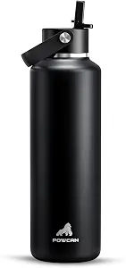 POWCAN 24 oz Slim Insulated Water Bottle with Straw: Leakproof, Keep Cold 24H, Cupholder Friendly, Top Handle, BPA-free, Stainless Steel Water Bottle for Sport, Travel, School, Gym (Midnight Black)